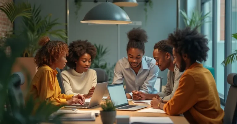 A diverse group of individuals collaborating on task management in a vibrant workspace.