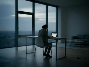 A lone professional working at home office desk by window at dusk, illustrating remote work isolation