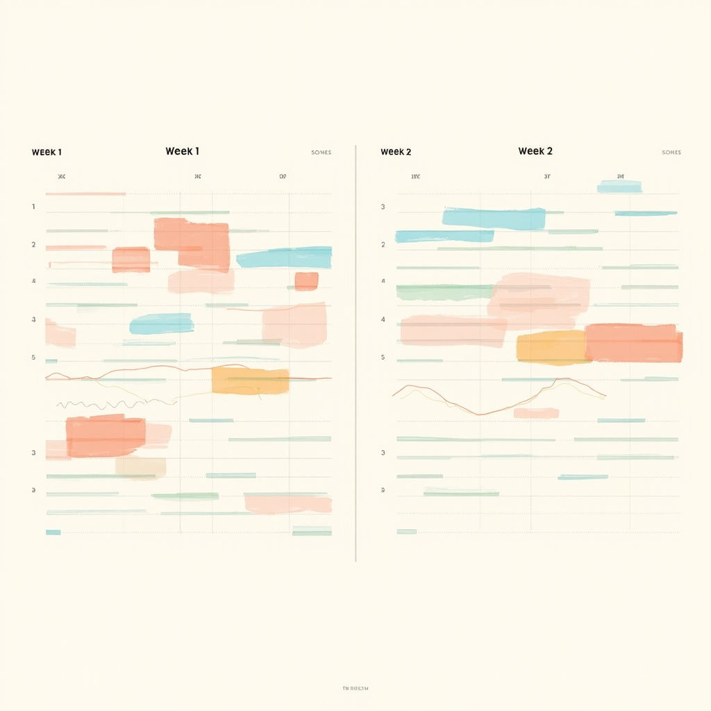 Side-by-side comparison showing Week 1 chaotic time blocks reorganised into Week 2 energy-blocked schedule aligned with morning peaks and afternoon troughs.