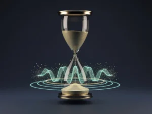 An artistic 3D representation of an hourglass with glowing pulse waves representing 90-minute energy cycles for project managers.