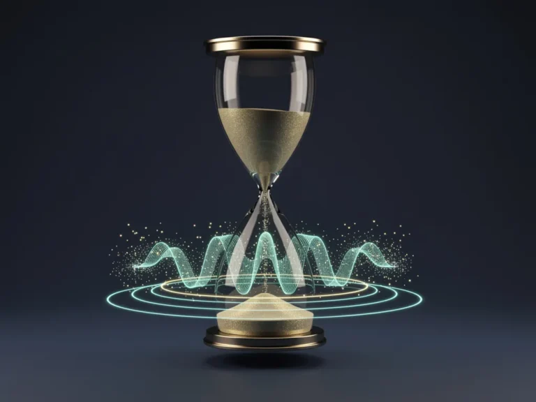 An artistic 3D representation of an hourglass with glowing pulse waves representing 90-minute energy cycles for project managers.