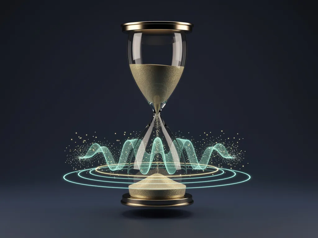 An artistic 3D representation of an hourglass with glowing pulse waves representing 90-minute energy cycles for project managers.